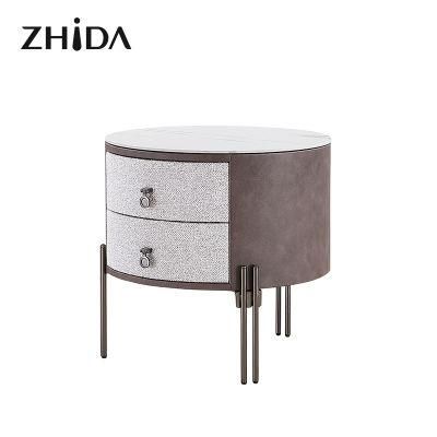 Contemporary Popular Design Italian Modern Design Luxury Bedroom Bedside Table Round Metal Leg Fabric Upholstered Drawer Nightstand Side Table