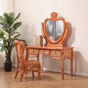 Elegant Wooden and Rattan Makeup Dressing Table with Mirror and Drawers